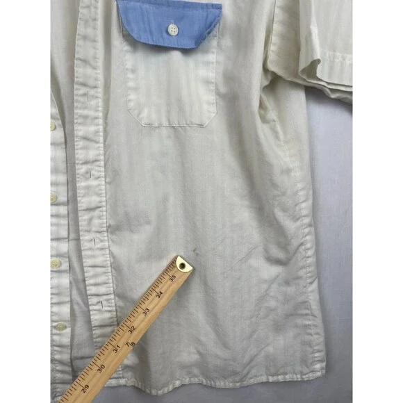 Vintage Blair Shirt Mens Button Up SS Shoulder Tabs White Blue Pockets (Stained) - Picture 5 of 11